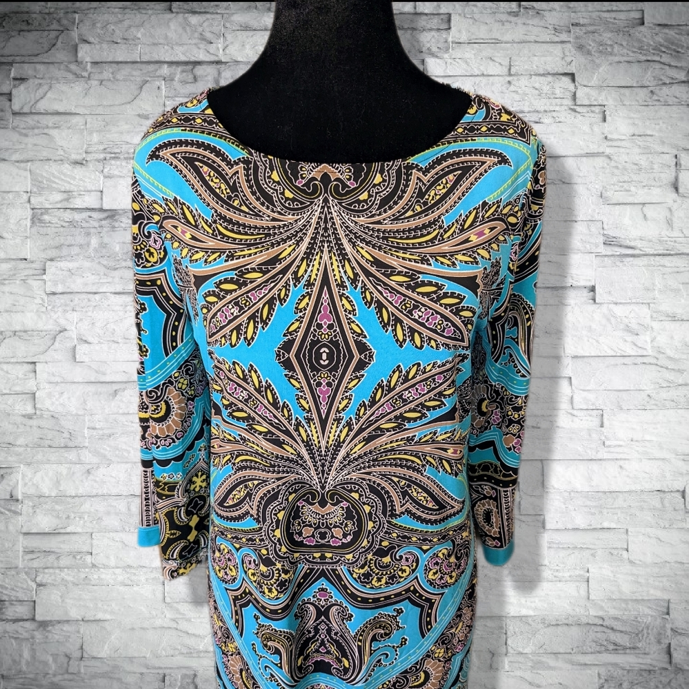 Teal Turquoise Stretch Mini Dress 3/4 Sleeves Boat Neck Flattering Fit D10 - Picture 9 of 11